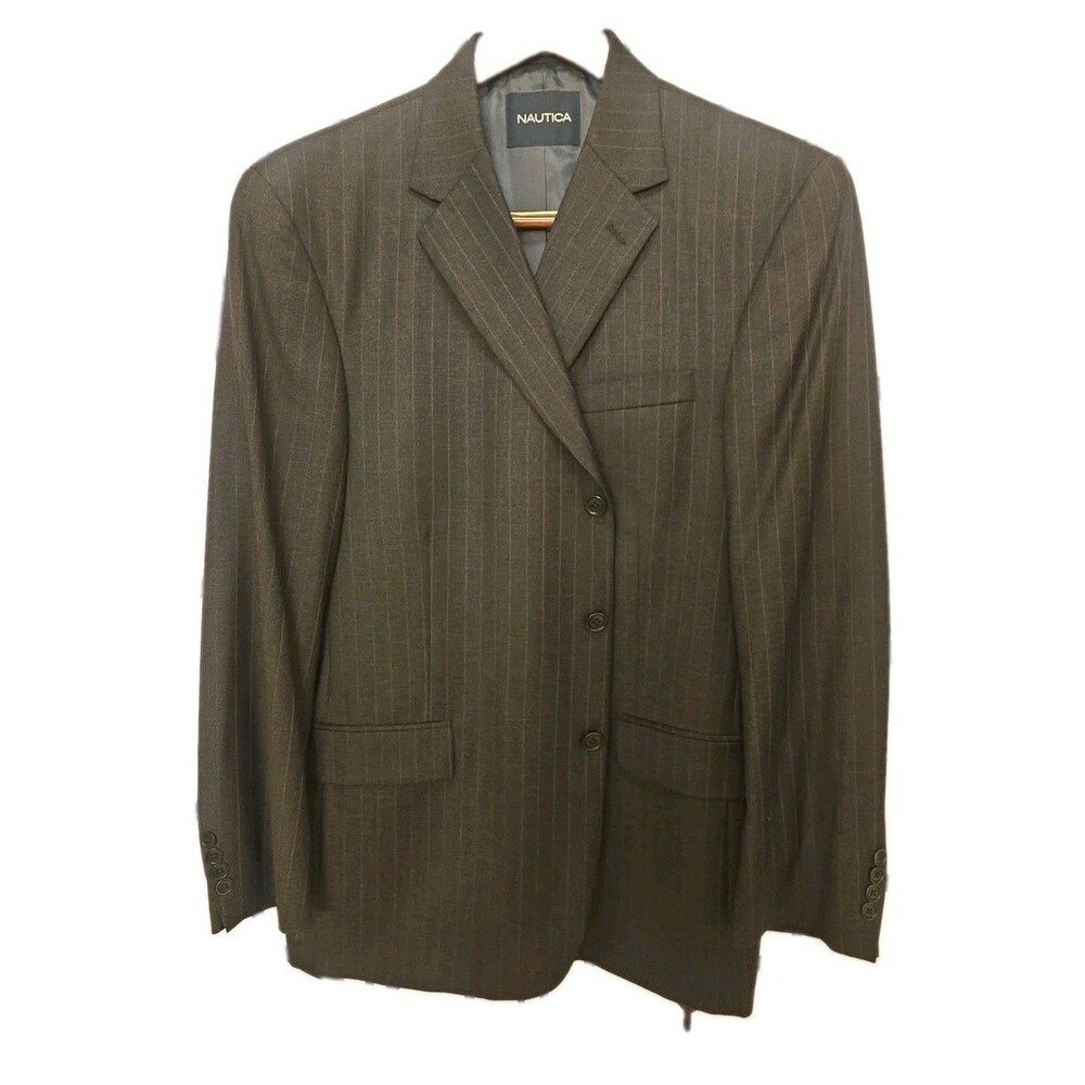 Nautica Men's Gray Pinstripe 2 Piece Suit 44R W38 100% Wool Flat Front 32 Inseam